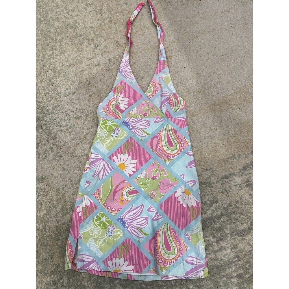 Vtg Girls Size 7 - Lilly Pulitzer Halter Dress Summer 1990s Floral Pink Paisley
